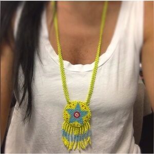 Seed Bead Round Charm with Fringe long Necklace